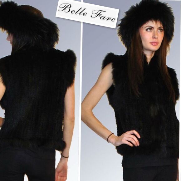 BELLE FARE COPENHAGEN KNIT REAL REX FUR VEST WITH RACCOON TRIM IN BLACK Size S - Picture 4 of 11